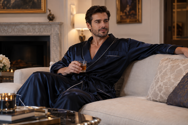 Man wearing luxury navy silk robe relaxing at home