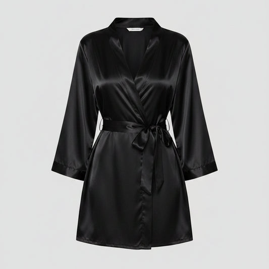 Solid Satin Night Robe Long Sleeve V Neck Robe With Belt Women's Sleepwear