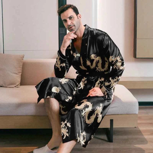 Men's Spring Autumn Silk Thin Style Oversized Long Sleeved Bathrobes
