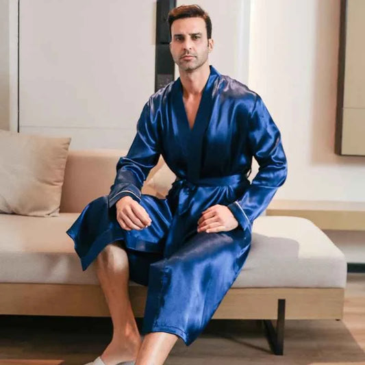 Men's spring and autumn silk thin style long sleeved bathrobes