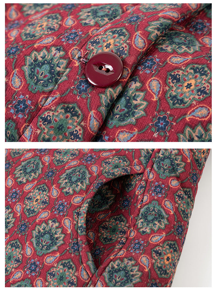 Close-up detail shots of a patterned fabric garment, showing a red base with blue, green, and beige paisley-style floral motifs and a dark red button.