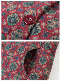 Close-up detail shots of a patterned fabric garment, showing a red base with blue, green, and beige paisley-style floral motifs and a dark red button.
