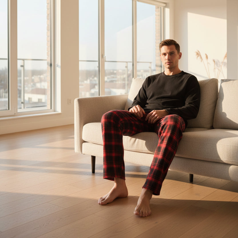Men's Thermal Fleece Lounge Set with Cozy Check Cotton Pants