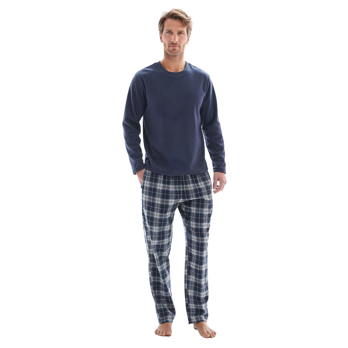 Mens Lounge Pants Loungewear Sets Fleece Top Cotton Bottom Navy Blue Check.