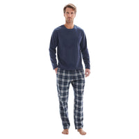 Mens Lounge Pants Loungewear Sets Fleece Top Cotton Bottom Navy Blue Check.