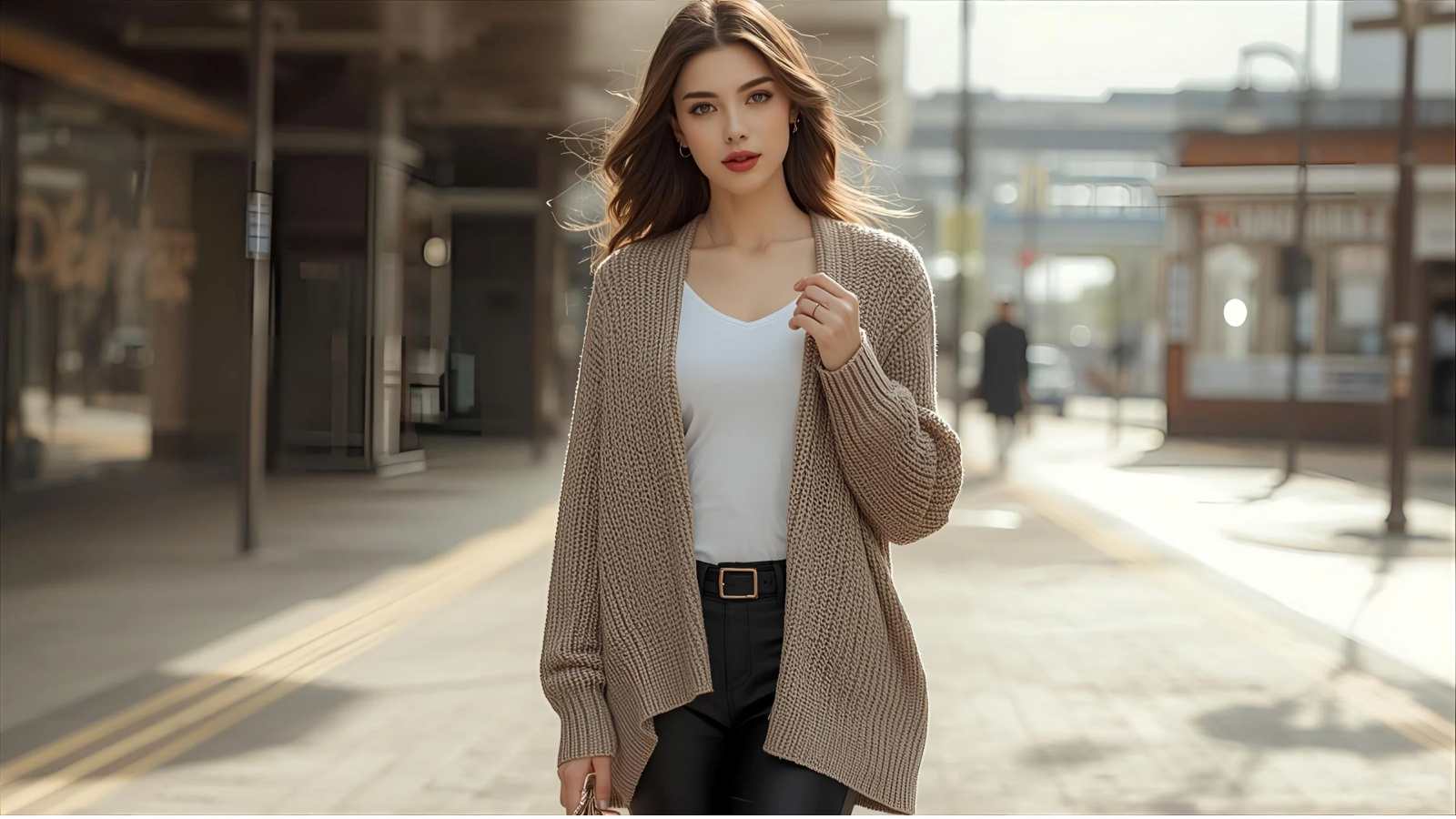 A woman walking down a city street wearing a beige open-front knit cardigan over a white top and black pants.