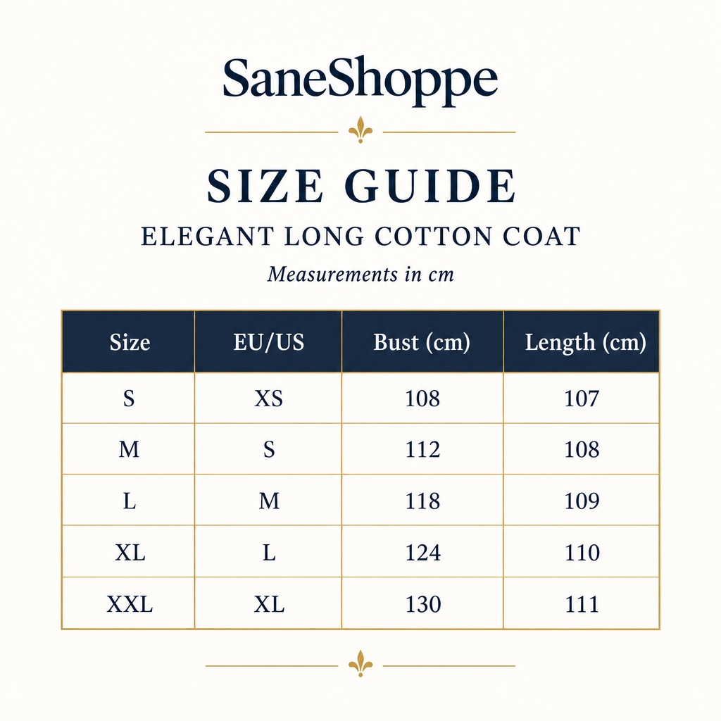 A size guide table for the SaneShoppe Elegant Long Cotton Coat, showing measurements in centimeters for sizes S through XXL, with columns for Size, EU/US, Bust (cm), and Length (cm) on a light cream background.