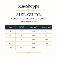 A size guide table for the SaneShoppe Elegant Long Cotton Coat, showing measurements in centimeters for sizes S through XXL, with columns for Size, EU/US, Bust (cm), and Length (cm) on a light cream background.