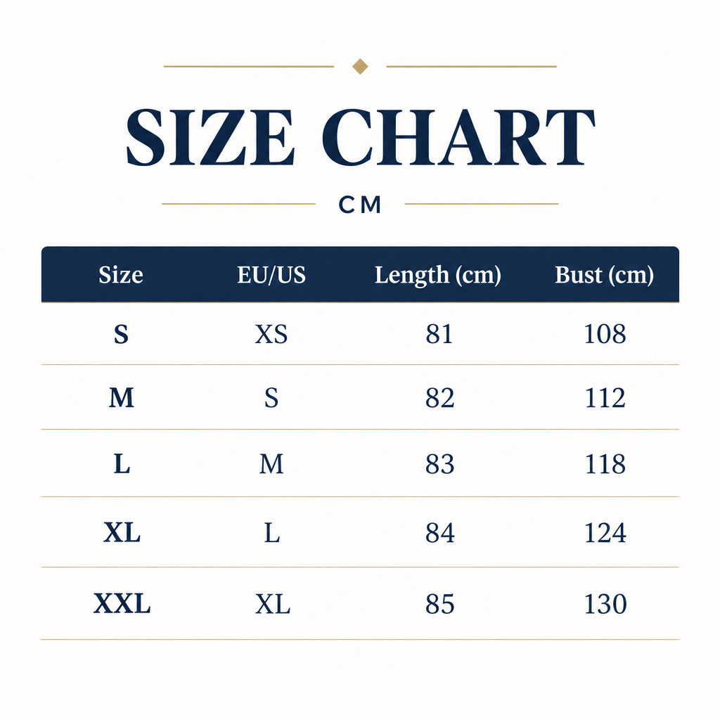 A size chart table showing measurements in centimeters for sizes S through XXL, with columns for EU/US sizing, length in cm, and bust in cm on a light cream background.
