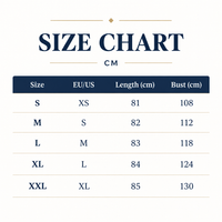 A size chart table showing measurements in centimeters for sizes S through XXL, with columns for EU/US sizing, length in cm, and bust in cm on a light cream background.