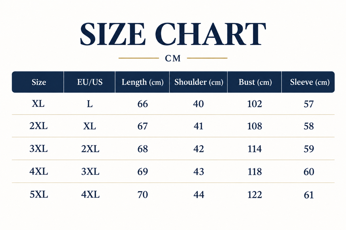 A size chart table in centimeters showing measurements for sizes XL through 5XL, with columns for Size, EU/US, Length (cm), Shoulder (cm), Bust (cm), and Sleeve (cm) on a light background.