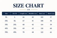 A size chart table in centimeters showing measurements for sizes XL through 5XL, with columns for Size, EU/US, Length (cm), Shoulder (cm), Bust (cm), and Sleeve (cm) on a light background.