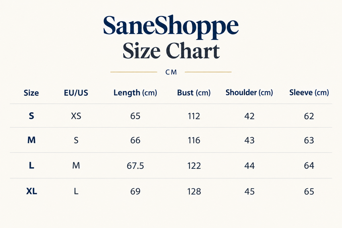 A size chart table for SaneShoppe, showing measurements in centimeters for sizes S through XL, including length, bust, shoulder, and sleeve. The title 'SaneShoppe Size Chart' is displayed at the top on a light cream background.