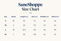 A size chart table for SaneShoppe, showing measurements in centimeters for sizes S through XL, including length, bust, shoulder, and sleeve. The title 'SaneShoppe Size Chart' is displayed at the top on a light cream background.