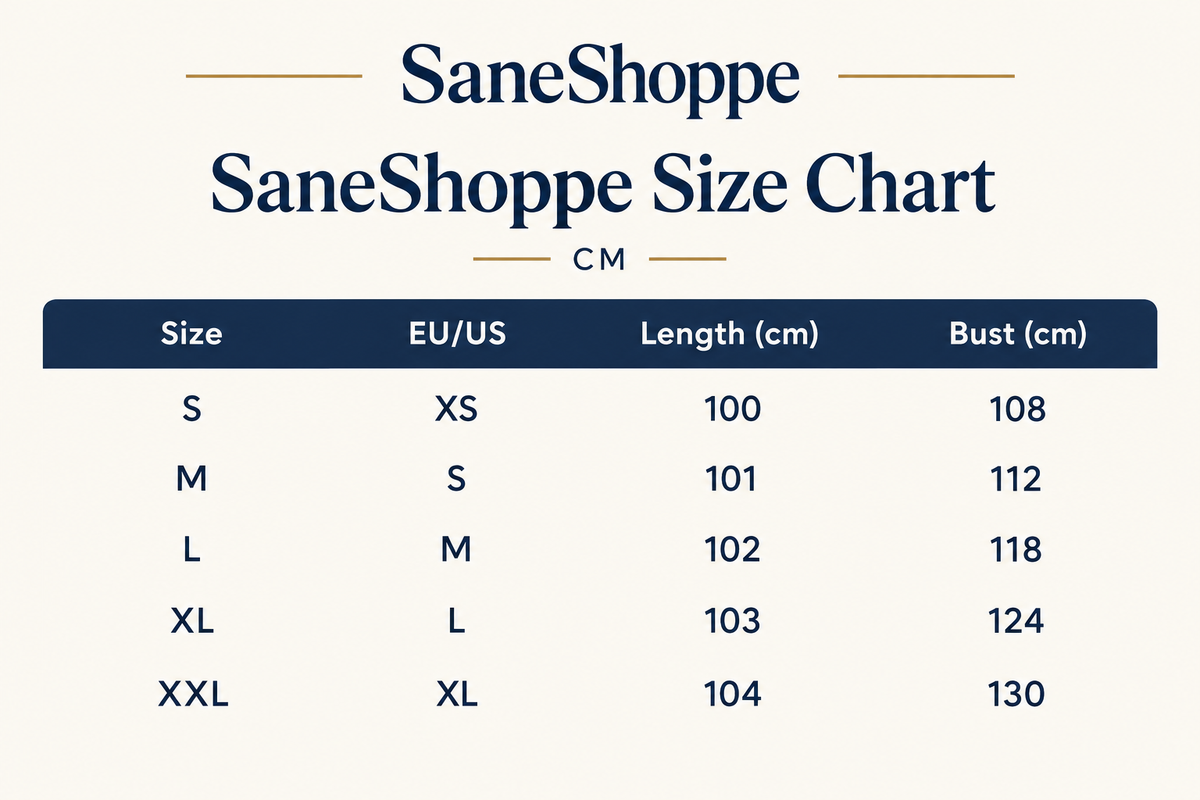 SaneShoppe size chart table showing sizes S through XXL, EU/US mappings, length in centimeters, and bust in centimeters on a light cream background.