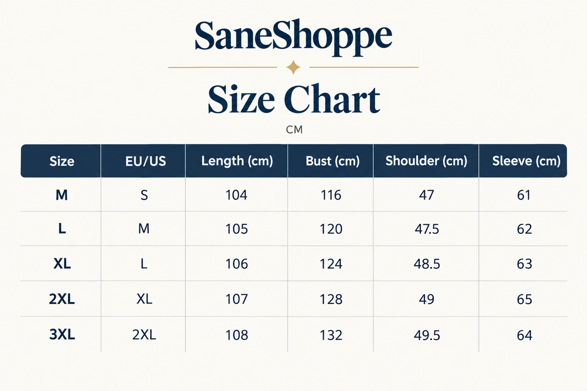 A size chart graphic from SaneShoppe showing measurements in centimeters for sizes M through 3XL, with columns for size, EU/US, length, bust, shoulder, and sleeve.