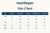 A size chart graphic from SaneShoppe showing measurements in centimeters for sizes M through 3XL, with columns for size, EU/US, length, bust, shoulder, and sleeve.