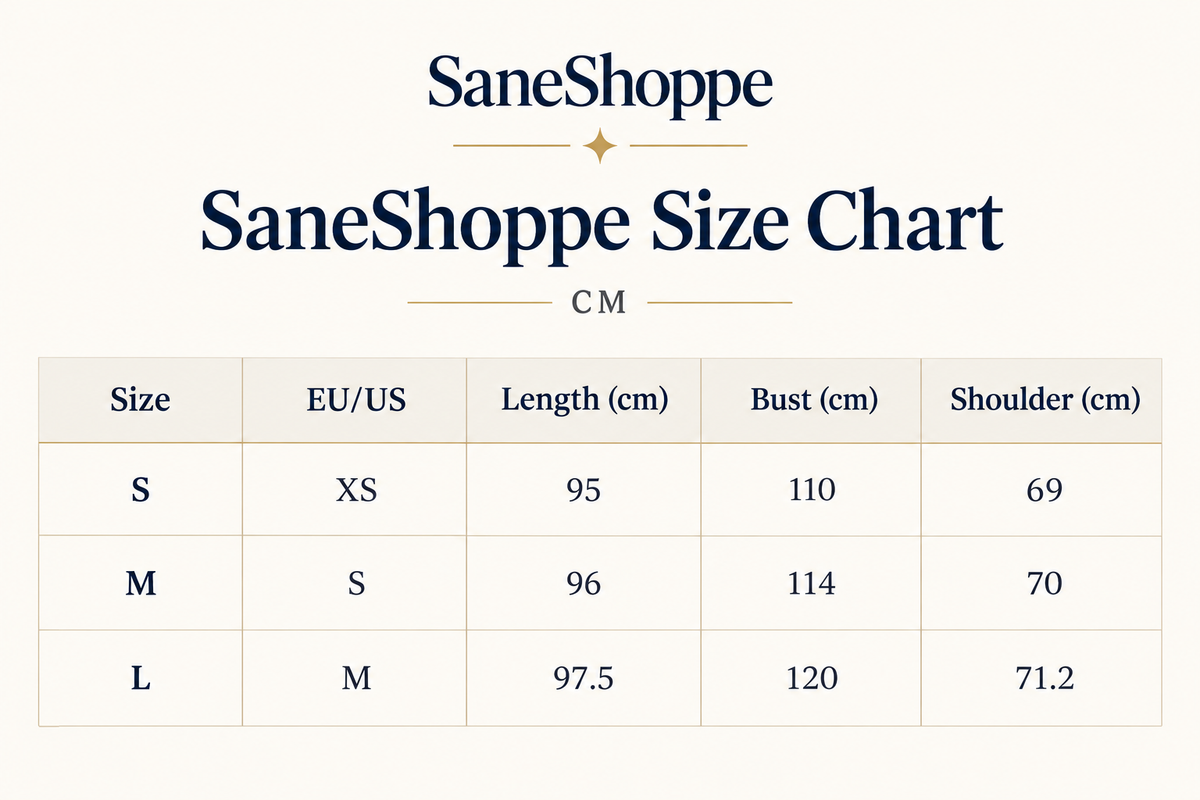 SaneShoppe size chart table in centimeters showing size S, M, and L with EU/US mappings, length, bust, and shoulder measurements on a light beige background.