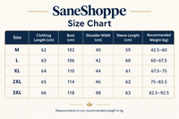 A size chart table for SaneShoppe showing measurements in centimeters and recommended weights in kilograms for sizes M, L, XL, 2XL, and 3XL.