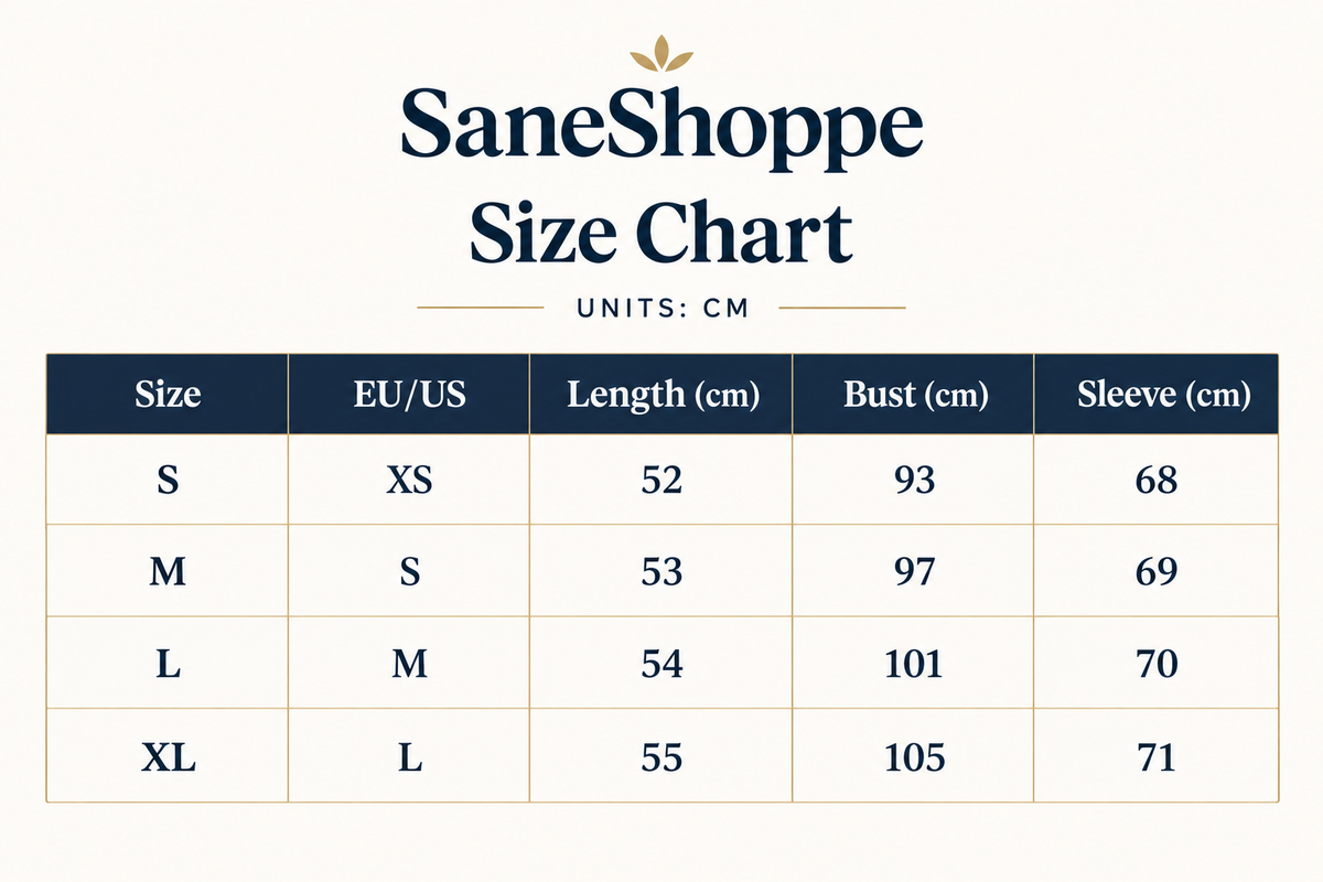 A size chart graphic for SaneShoppe, showing a table with sizes S through XL, EU/US mappings, and measurements in centimeters for length, bust, and sleeve on a light cream background.