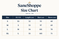 A size chart graphic for SaneShoppe, showing a table with sizes S through XL, EU/US mappings, and measurements in centimeters for length, bust, and sleeve on a light cream background.