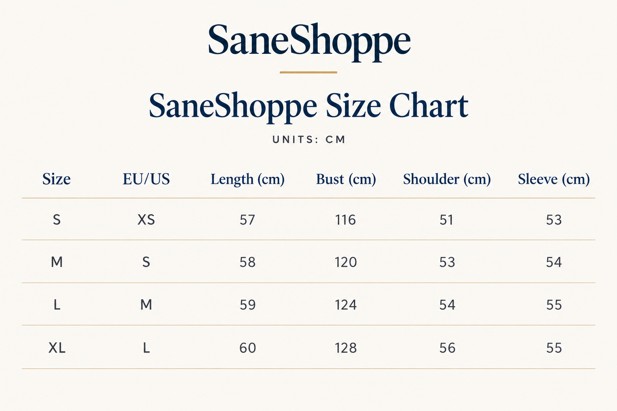 SaneShoppe size chart table showing measurements in centimeters for sizes S, M, L, and XL, with columns for size, EU/US, length, bust, shoulder, and sleeve.