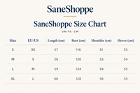 SaneShoppe size chart table showing measurements in centimeters for sizes S, M, L, and XL, with columns for size, EU/US, length, bust, shoulder, and sleeve.