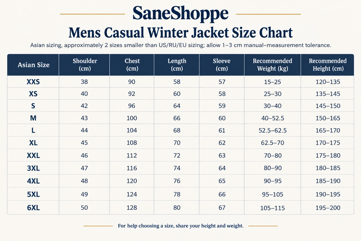 A sizing chart titled 'SaneShoppe Mens Casual Winter Jacket Size Chart' with a table listing Asian sizes XXS through 6XL, including shoulder, chest, length, sleeve, recommended weight, and recommended height in centimeters.