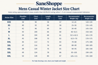 A sizing chart titled 'SaneShoppe Mens Casual Winter Jacket Size Chart' with a table listing Asian sizes XXS through 6XL, including shoulder, chest, length, sleeve, recommended weight, and recommended height in centimeters.