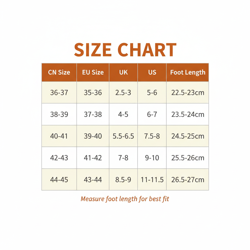 A size chart table showing conversions from CN Size to EU Size, UK, US, and Foot Length, with orange title text on a white background.