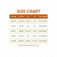 A size chart table showing conversions from CN Size to EU Size, UK, US, and Foot Length, with orange title text on a white background.