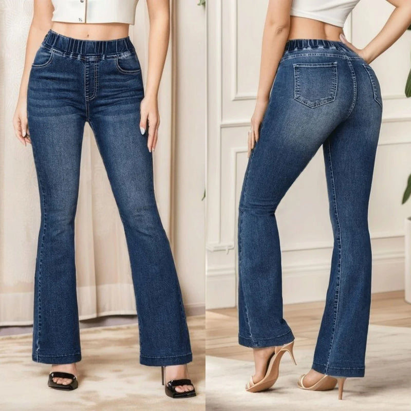 Spring 2024 New Fashion High Stretch Elastic Waist Boot Cut Jeans Slim Fit Hip Lift Denim Flared Pants Casual Skinny Trousers