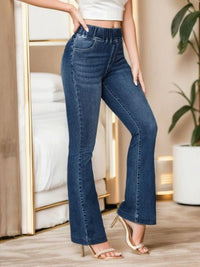 Spring 2024 New Fashion High Stretch Elastic Waist Boot Cut Jeans Slim Fit Hip Lift Denim Flared Pants Casual Skinny Trousers