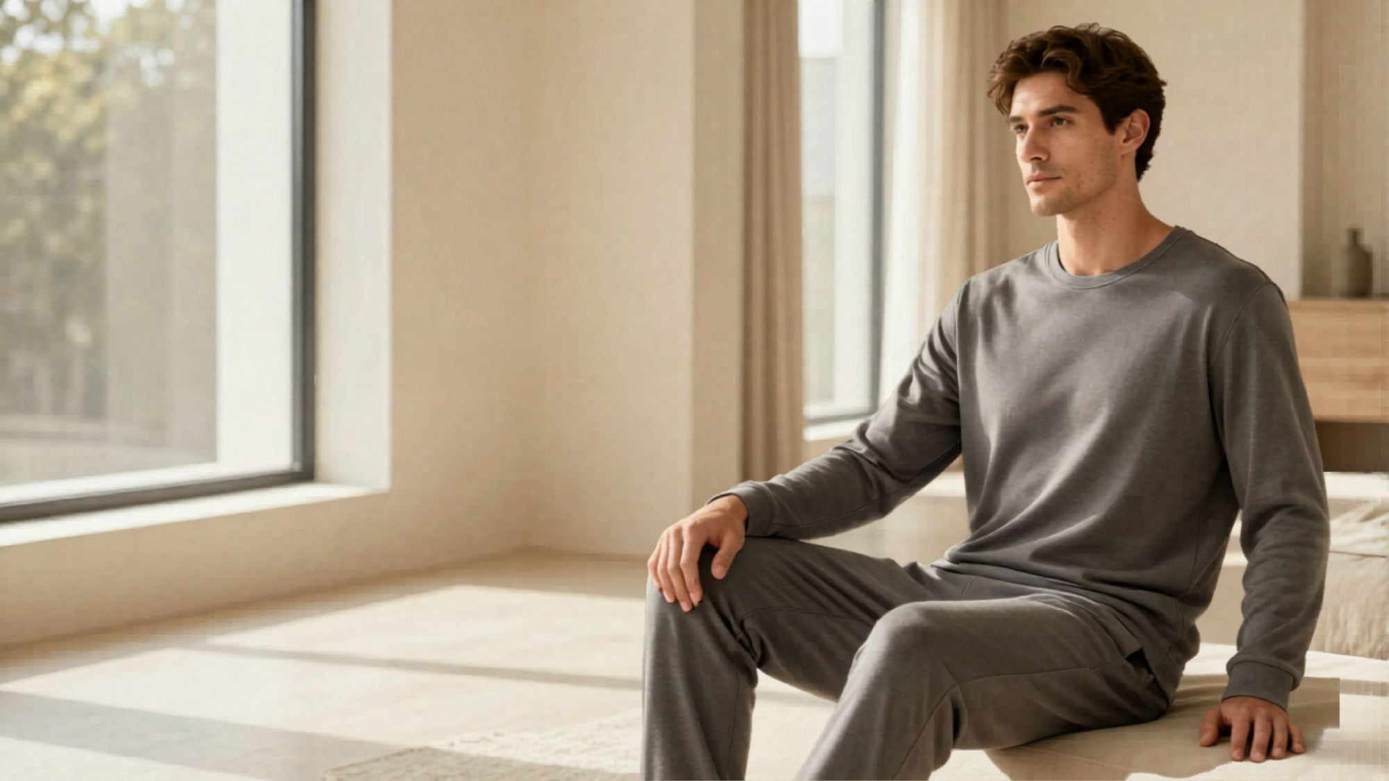 Man sitting on a windowsill in a bright room wearing gray pajamas.