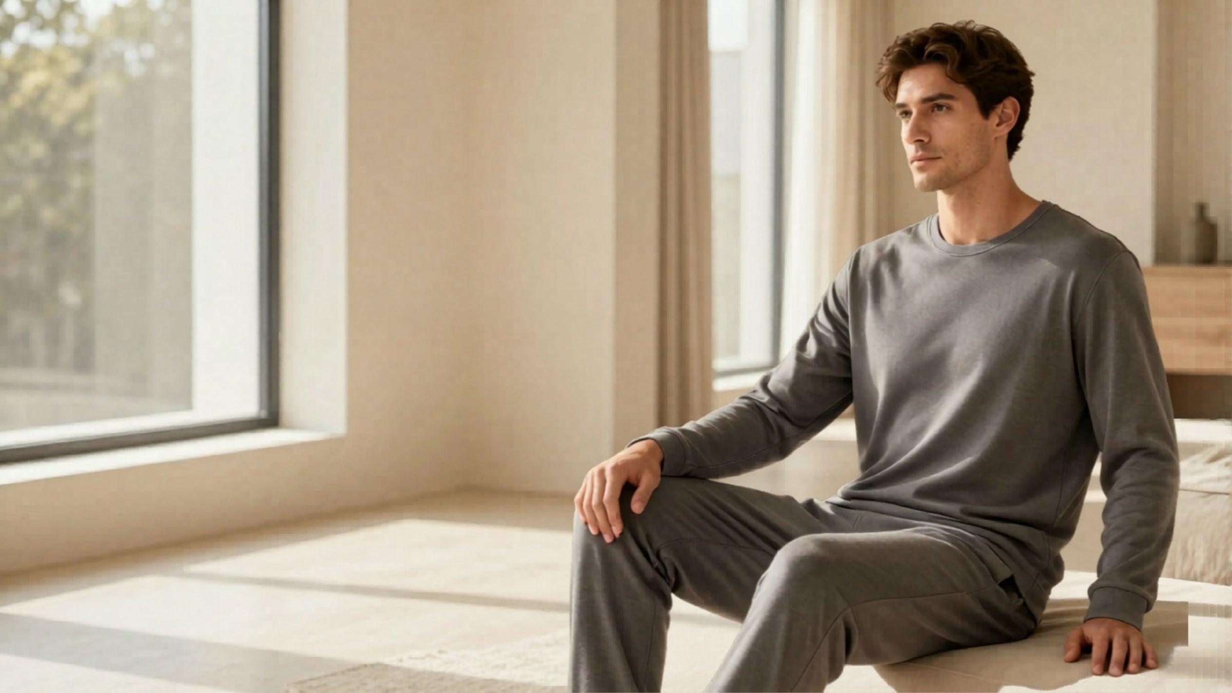Man sitting on a windowsill in a bright room wearing gray pajamas.