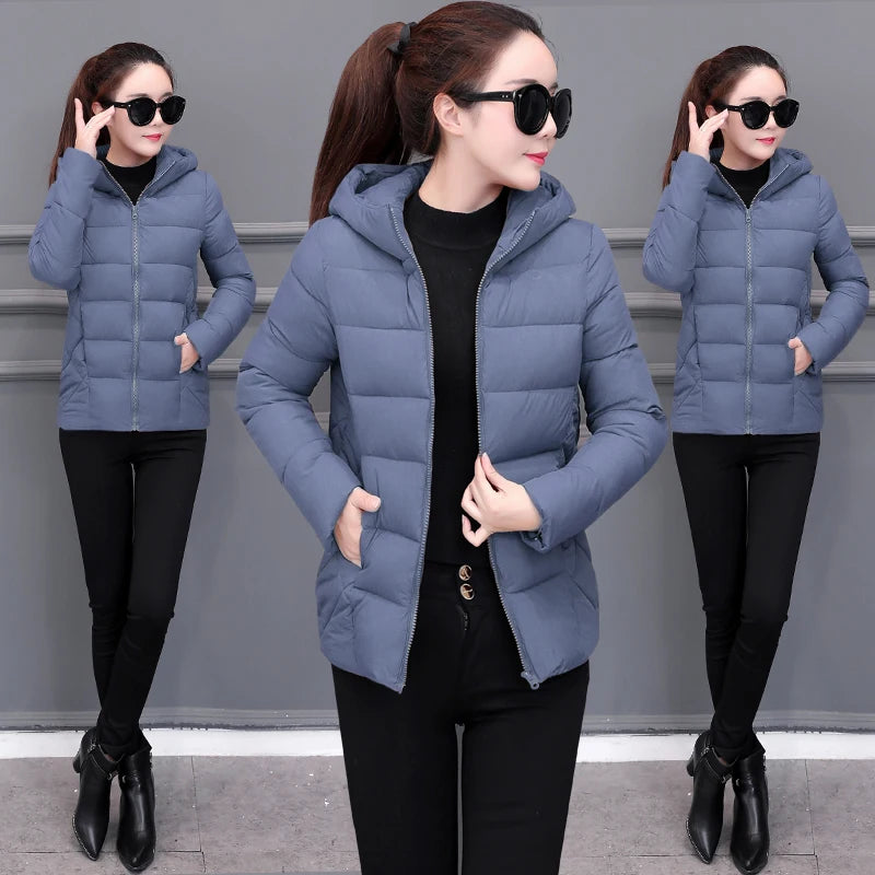 2024 Winter Women's Lightweight Down Cotton Hooded Jacket Warm Loose Short Outerwear Casual Bread Clothing Basic Coats