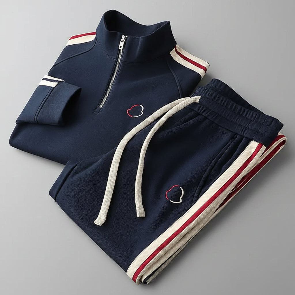 Navy tracksuit with white and red accents on a gray background