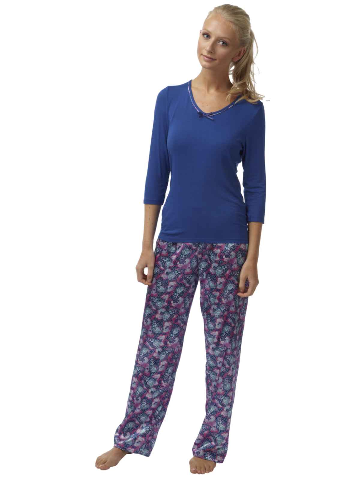 SaneShoppe Ladies Butterfly Print Silk Satin Pyjama Pant, 3/4 Sleeve Viscose Top
