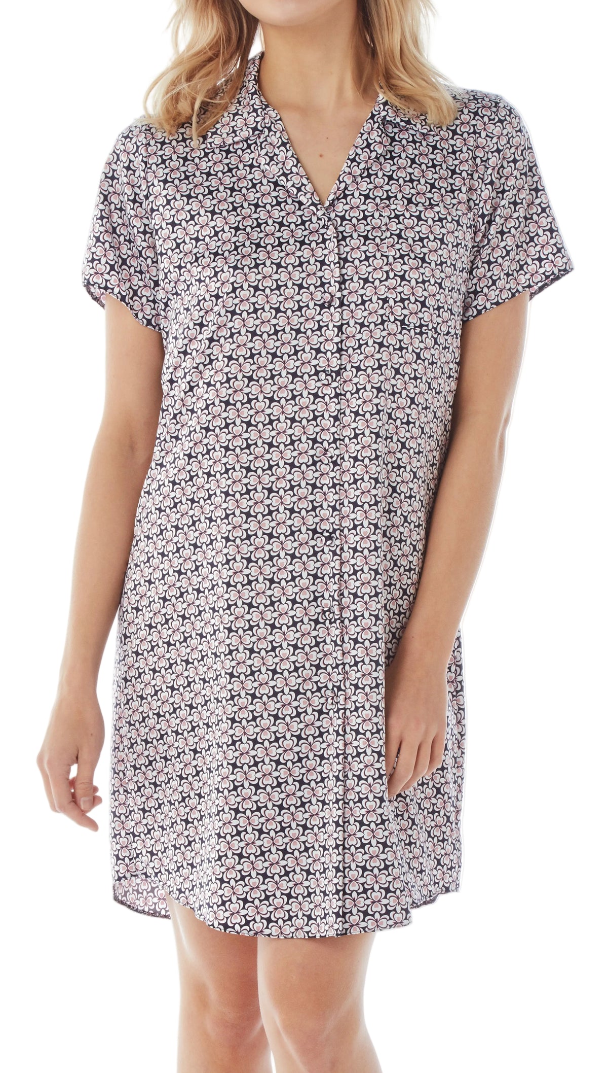 Women's Satin Nightshirt Button Down Printed Floral Navy Sleepwear
