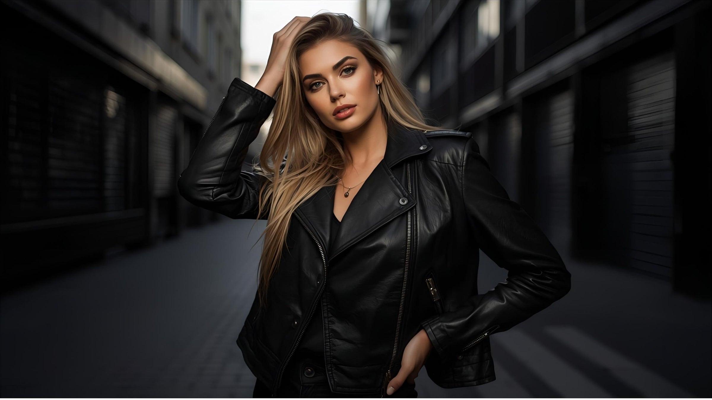 SaneShoppe Woman in a black leather jacket standing in an urban alleyway.