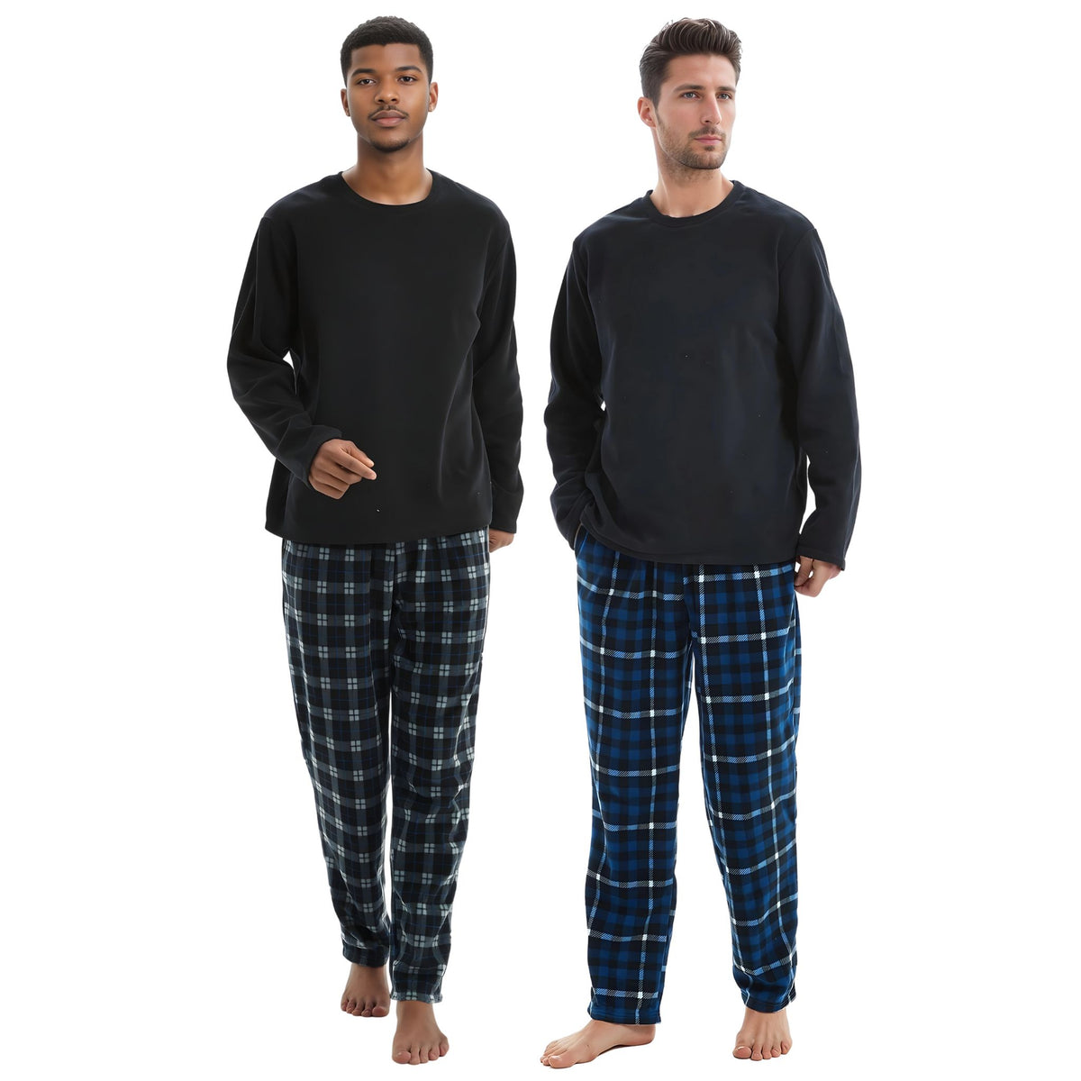 Pyjamaset van thermisch fleece voor heren, luxe pyjama met lange mouwen, marineblauw geruit