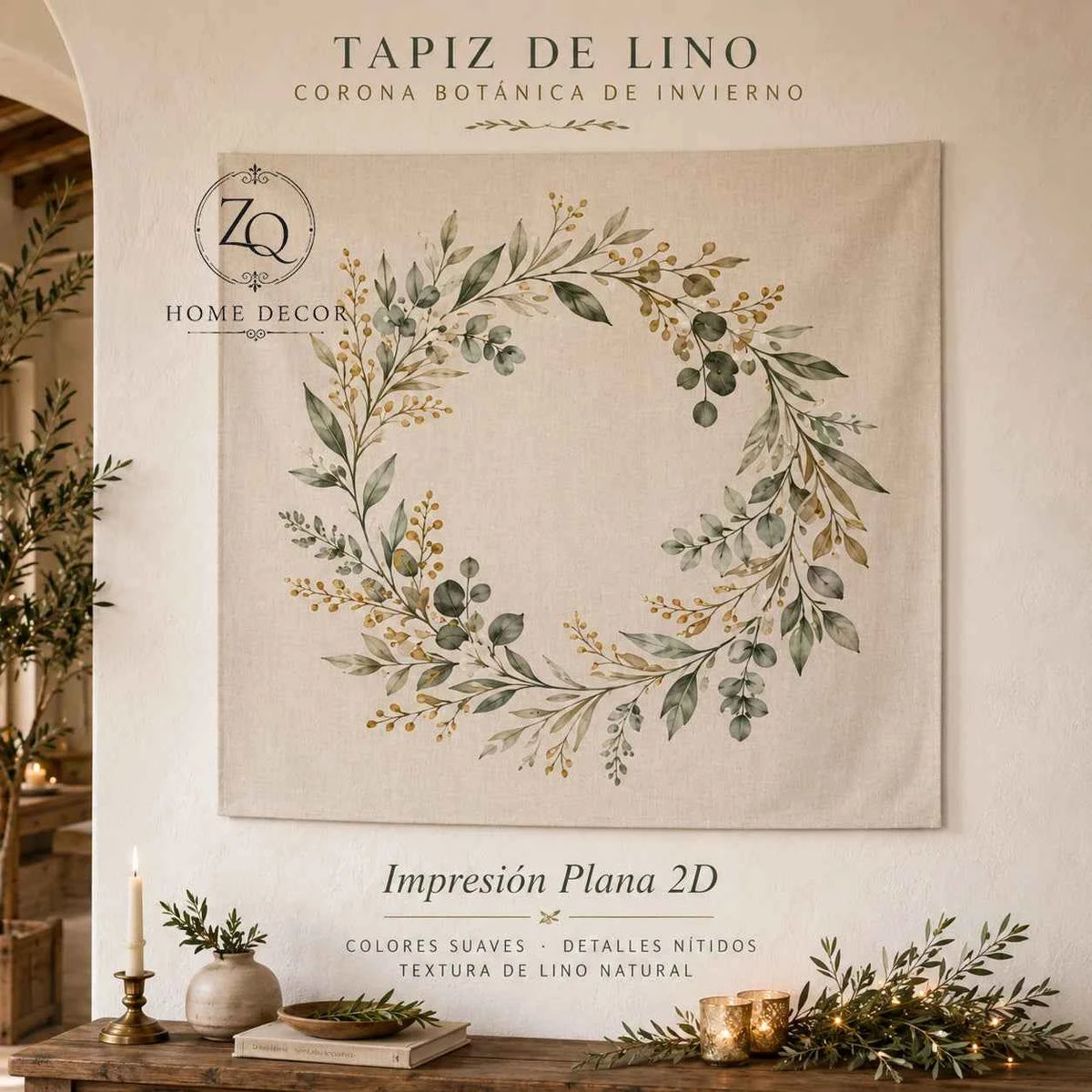 Tablecloth with Botanical and Leaf Print, Mediterranean and Natural Style Dining Room Decoration for Home with Pillowcase 2