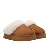 Brown slipper with white fur lining on a white background