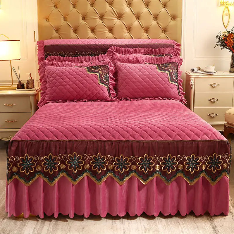 European Luxury Quilted Bed Skirt - Thicken Velvet King Size Winter Bedspread