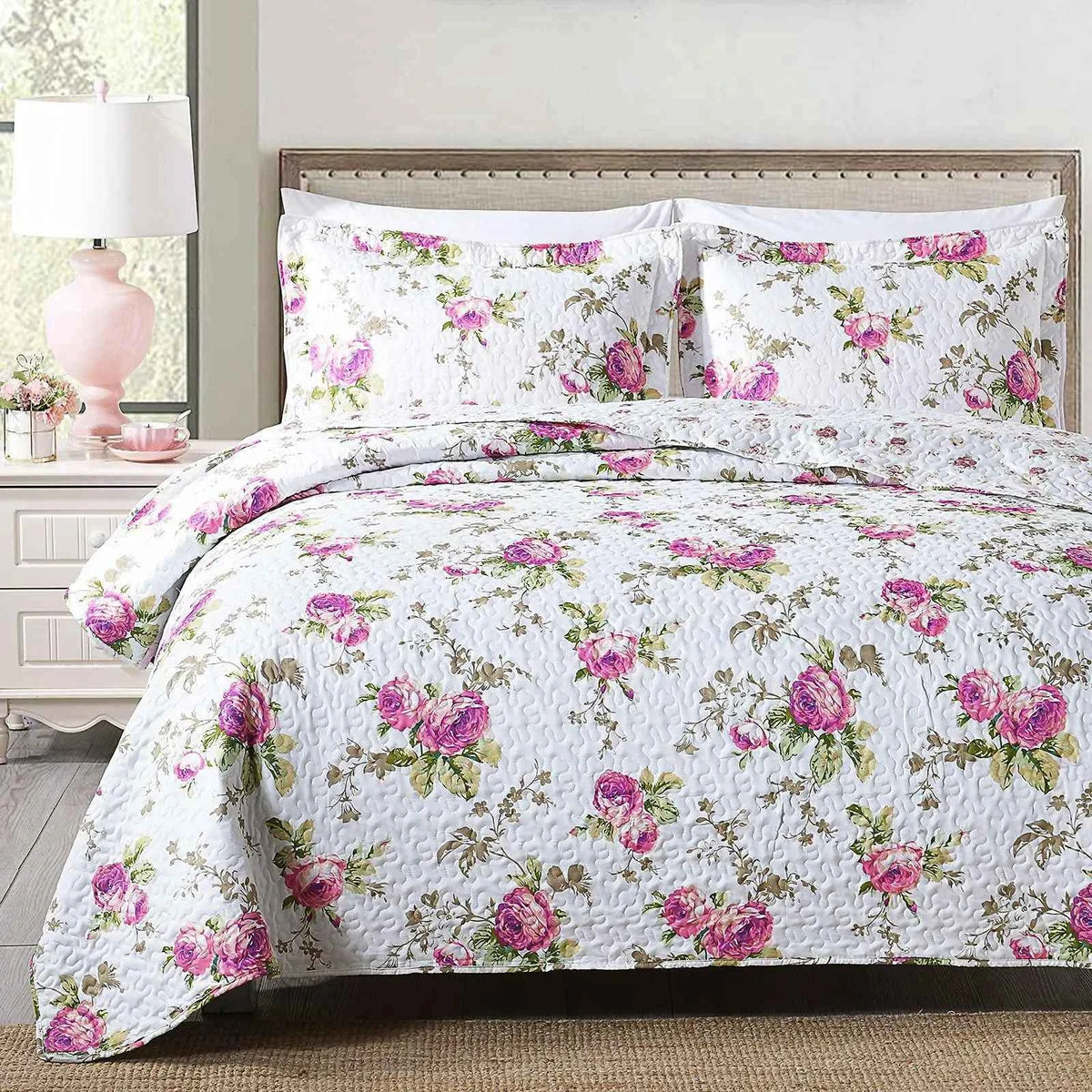 Texstead 3 Pieces Patchwork Gray All Season Bedspreads, Ultra Soft Floral Coverlet Bedding Set with Printed Pattern