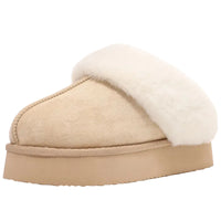Beige slipper with white fur lining on a white background