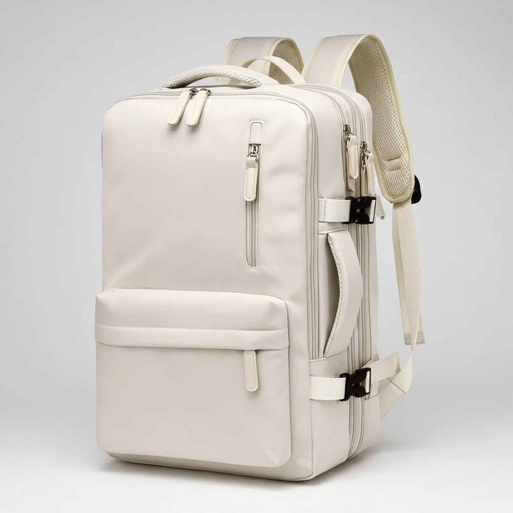 Beige backpack with multiple pockets and zippers 
