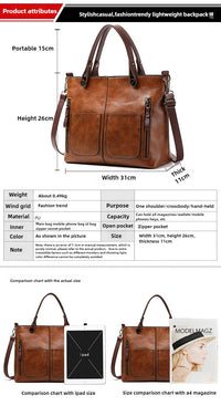 Brown leather backpack with dimensions and features listed on a white background