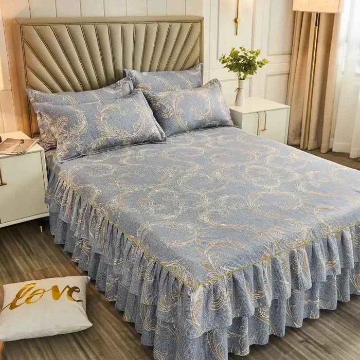 Floral Pattern Bed Skirt Set Mattress Anti Slip Protective Cover for Household Bedding Double Layered Skirt Dustproof Bed Covers