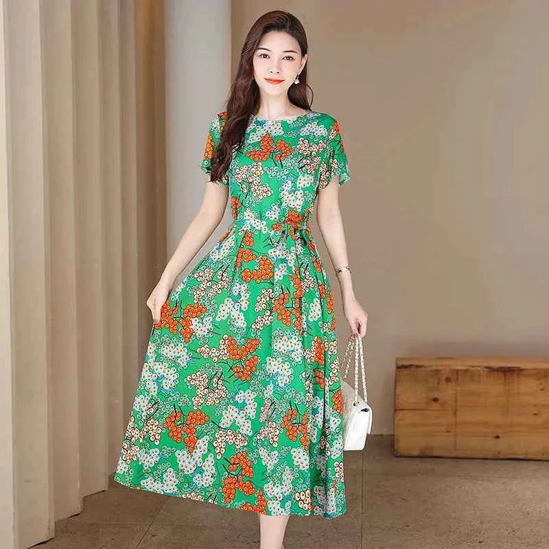 Middle Aged Women's Cotton Rayon Night Dress Summer New Plus Size Mother Nightgowns Printed Nightshirt Lounge Home Outside Wear